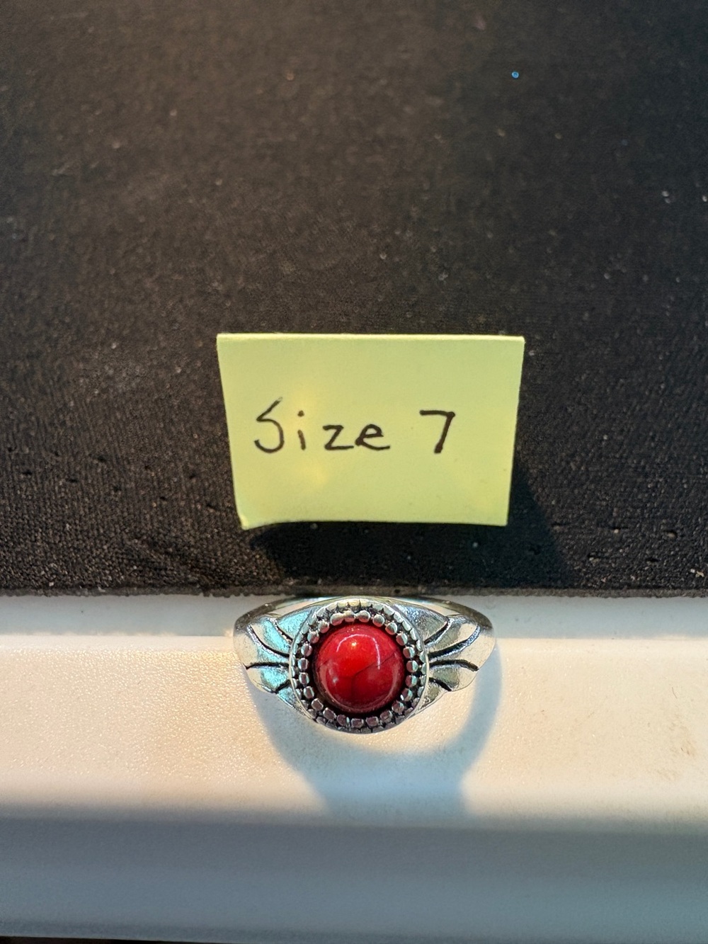 Sterling-Style Silver Ring with Red Cabochon - Size 7